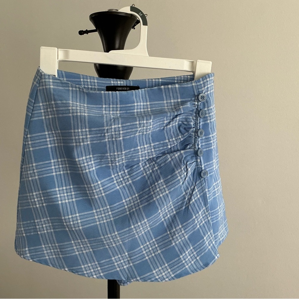 Forever 21 XS Blue White Checkered Skort Side Ruched